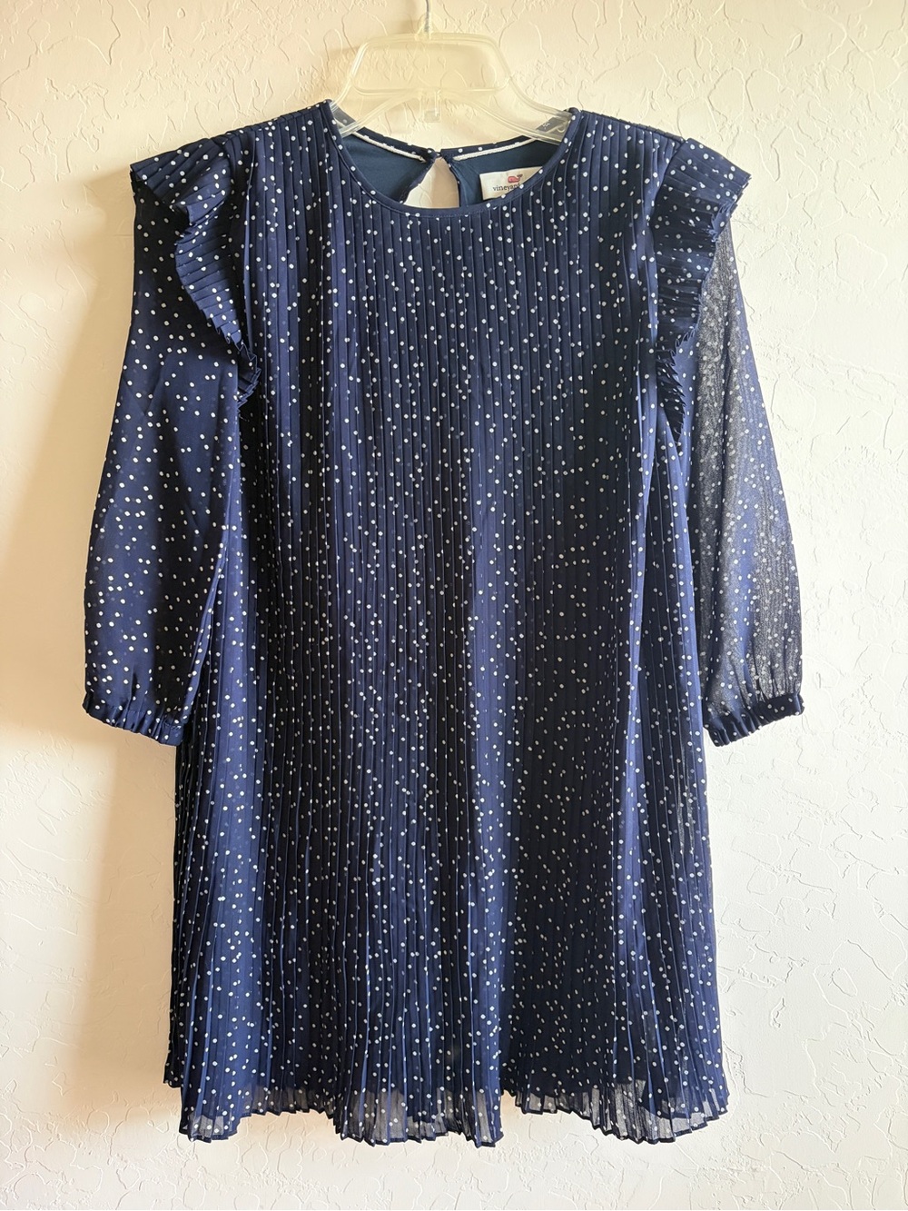 Vineyard Vines Navy and White Dot Pleated Ruffle Dress